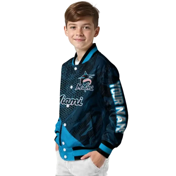 customized miami marlins hexagon mesh blue black varsity jacket trendy