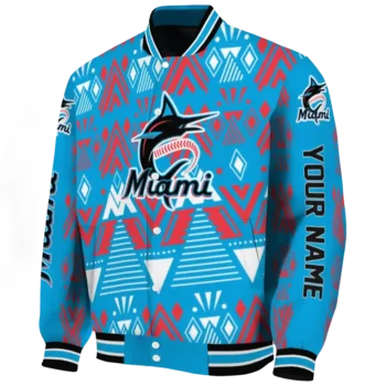 customized miami marlins pyramid shapes blue varsity jacket best selling