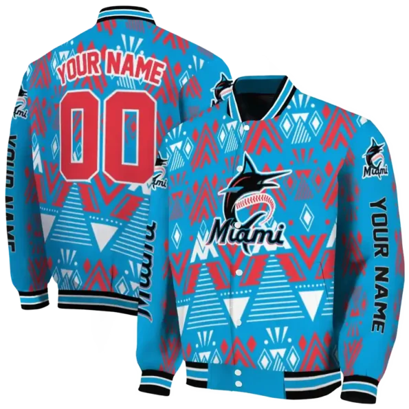 customized miami marlins pyramid shapes blue varsity jacket fashion forward