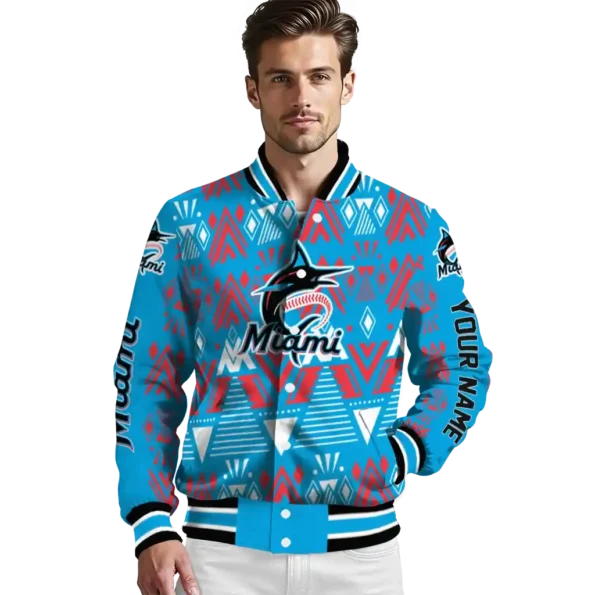 customized miami marlins pyramid shapes blue varsity jacket high quality