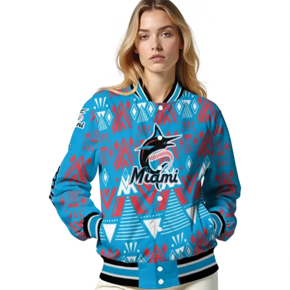 customized miami marlins pyramid shapes blue varsity jacket latest model