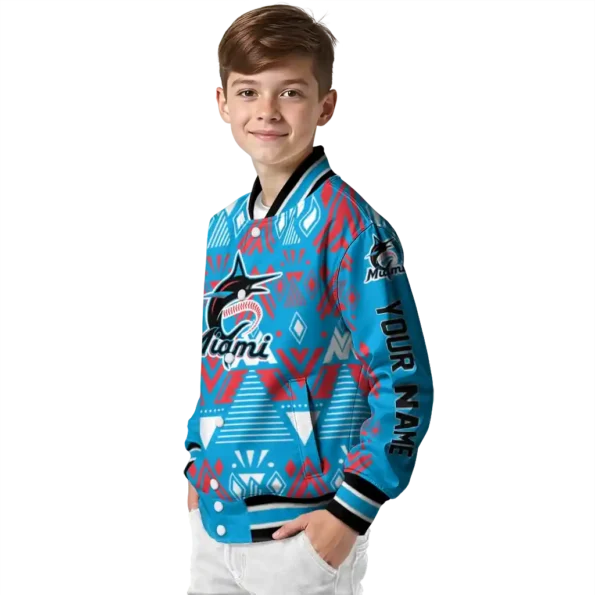 customized miami marlins pyramid shapes blue varsity jacket trendy