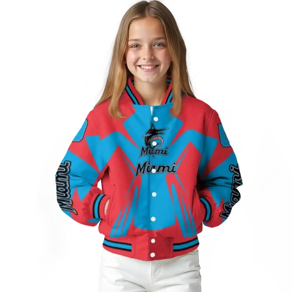 customized miami marlins spider mark blue black crocs varsity jacket top rated