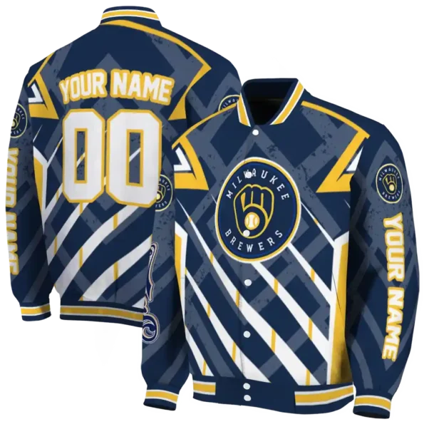 customized milwaukee brewers chevron angles navy blue varsity jacket fashion forward