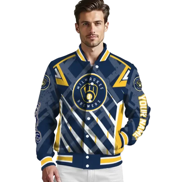 customized milwaukee brewers chevron angles navy blue varsity jacket high quality