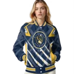 customized milwaukee brewers chevron angles navy blue varsity jacket best selling