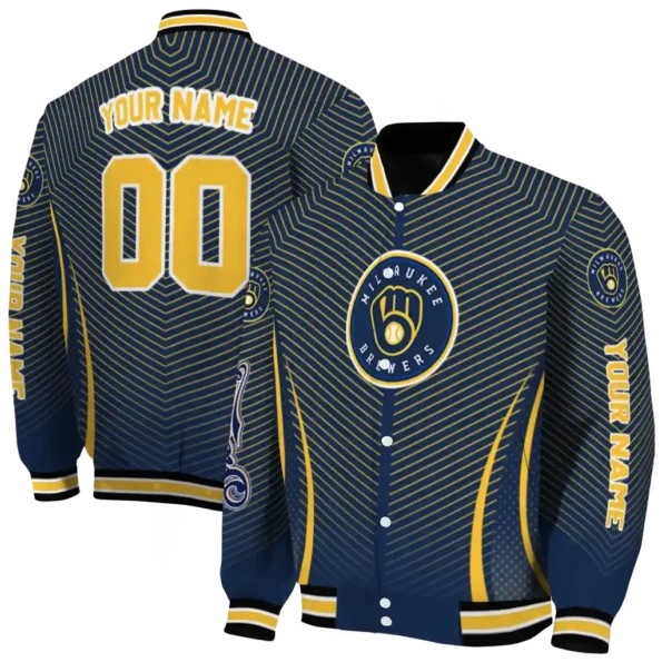 customized milwaukee brewers chevron arrow navy blue varsity jacket fashion forward