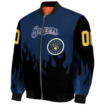 customized milwaukee brewers flame border navy blue black bomber jacket best selling