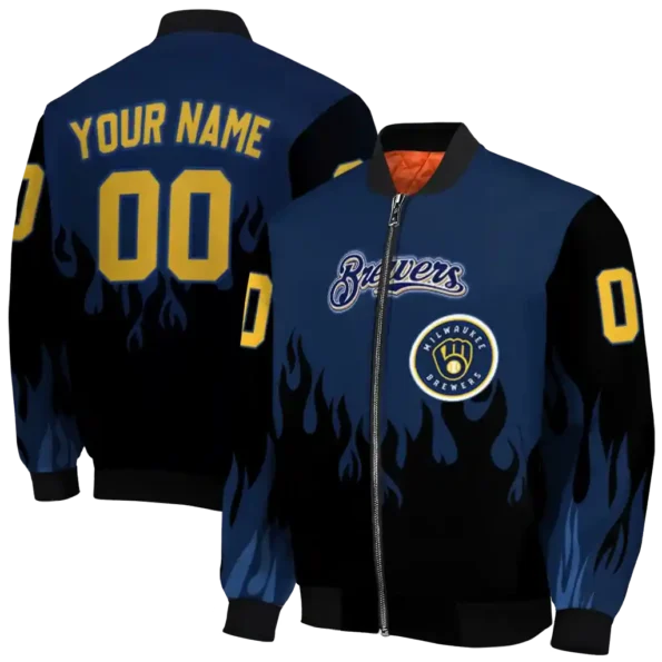 customized milwaukee brewers flame border navy blue black bomber jacket fashion forward