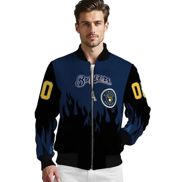 customized milwaukee brewers flame border navy blue black bomber jacket high quality