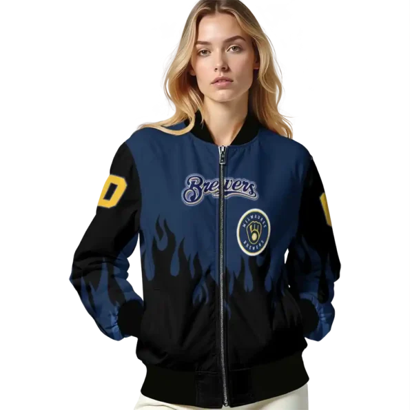 customized milwaukee brewers flame border navy blue black bomber jacket latest model