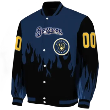 customized milwaukee brewers flame border navy blue black varsity jacket best selling