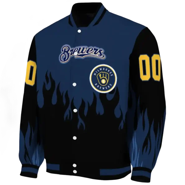 customized milwaukee brewers flame border navy blue black varsity jacket best selling