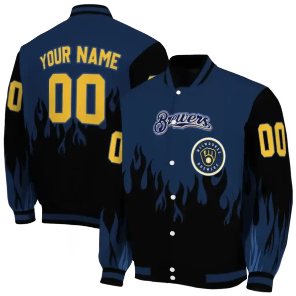 customized milwaukee brewers flame border navy blue black varsity jacket fashion forward