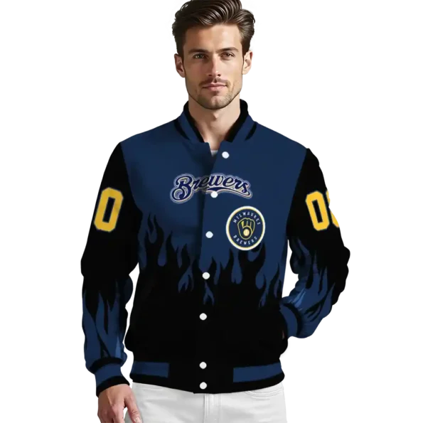 customized milwaukee brewers flame border navy blue black varsity jacket high quality