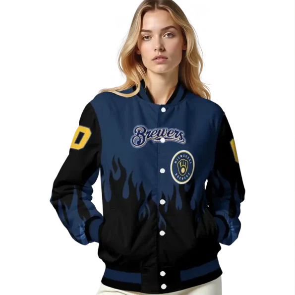 customized milwaukee brewers flame border navy blue black varsity jacket latest model