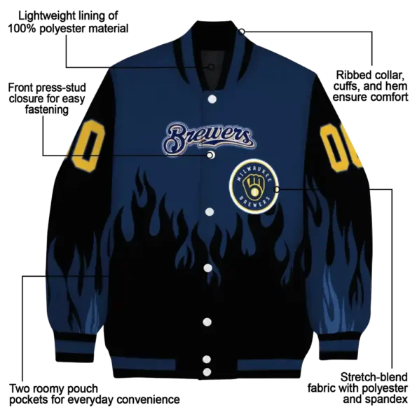 customized milwaukee brewers flame border navy blue black varsity jacket new arrival