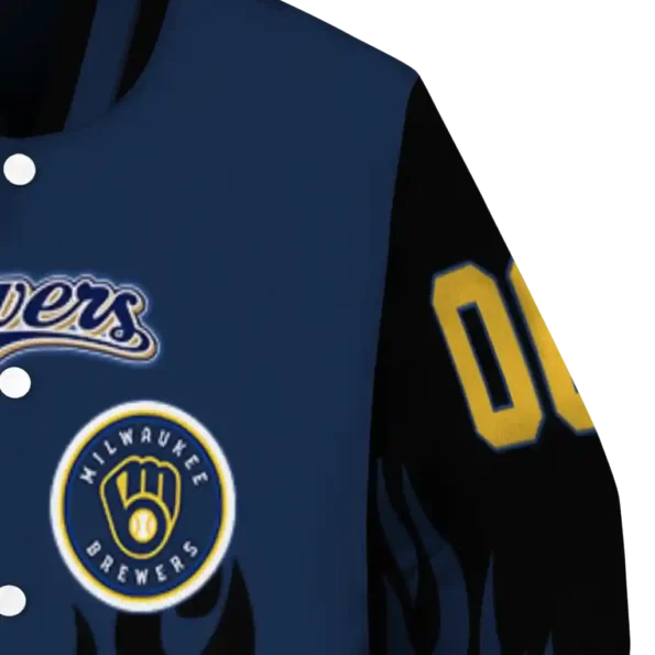 customized milwaukee brewers flame border navy blue black varsity jacket premium grade