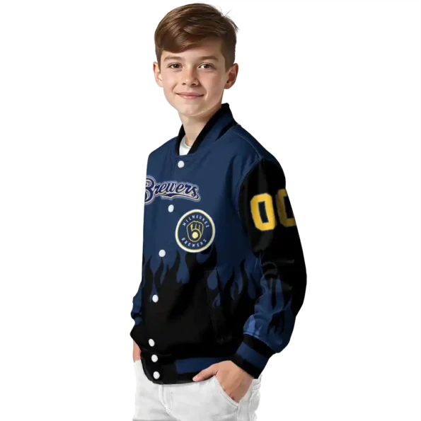 customized milwaukee brewers flame border navy blue black varsity jacket trendy