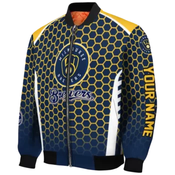 customized milwaukee brewers hexagon grid navy blue bomber jacket best selling