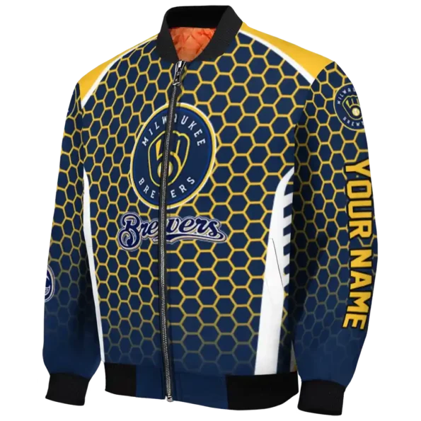 customized milwaukee brewers hexagon grid navy blue bomber jacket best selling