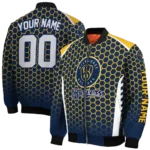 customized milwaukee brewers hexagon grid navy blue bomber jacket best selling