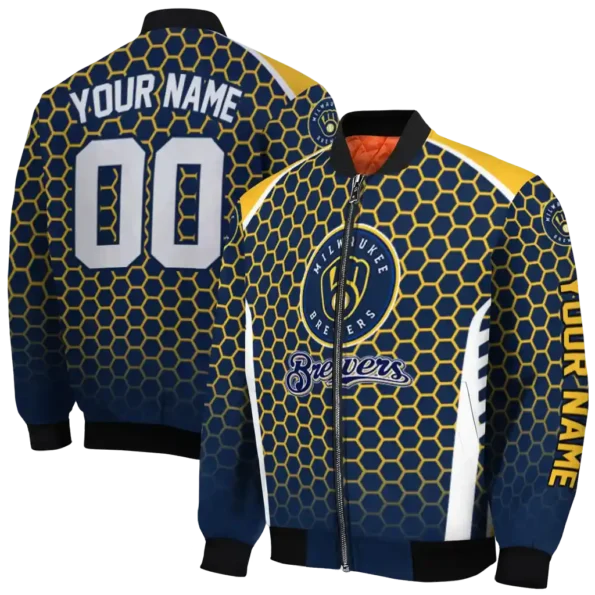 customized milwaukee brewers hexagon grid navy blue bomber jacket fashion forward