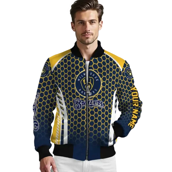 customized milwaukee brewers hexagon grid navy blue bomber jacket high quality
