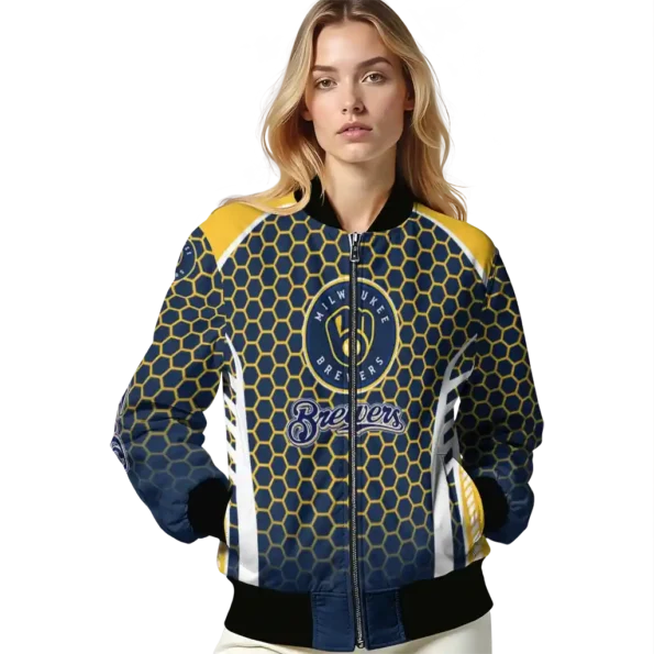 customized milwaukee brewers hexagon grid navy blue bomber jacket latest model