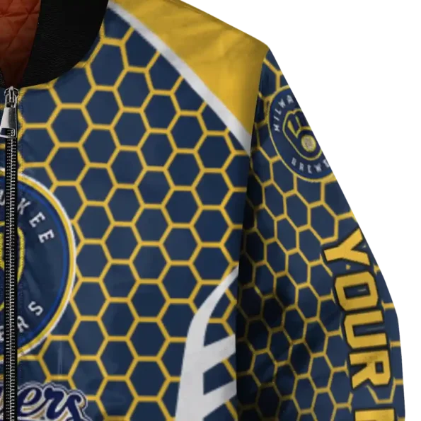 customized milwaukee brewers hexagon grid navy blue bomber jacket premium grade