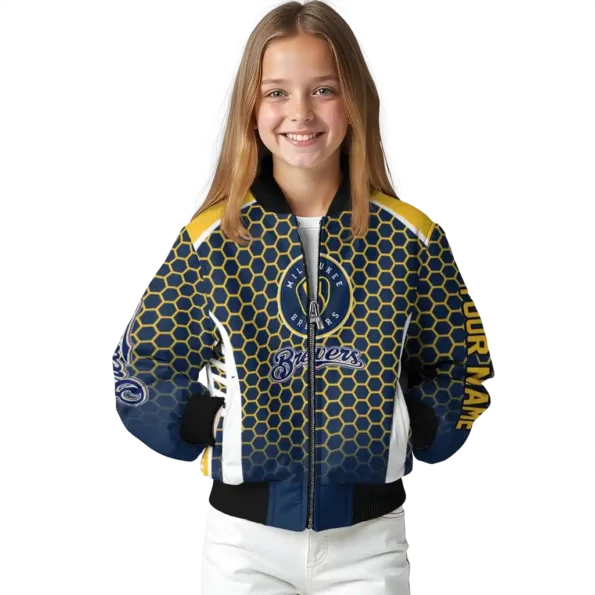 customized milwaukee brewers hexagon grid navy blue bomber jacket top rated