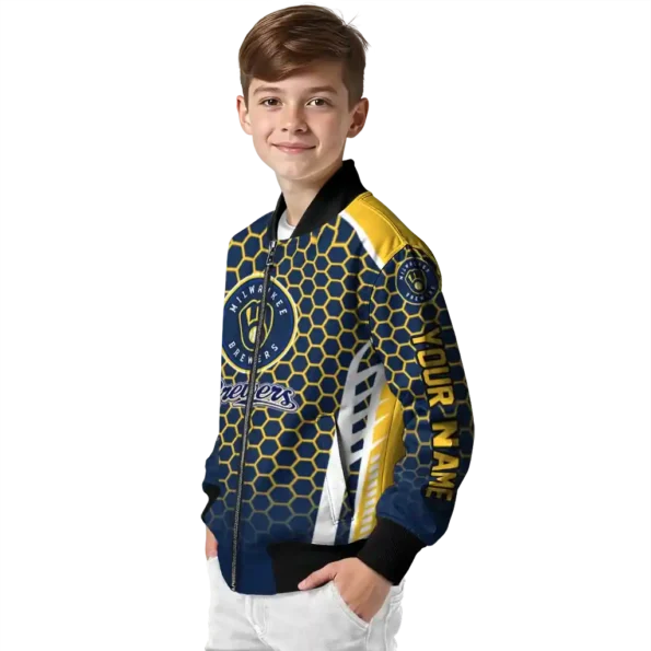 customized milwaukee brewers hexagon grid navy blue bomber jacket trendy