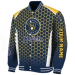 customized milwaukee brewers hexagon grid navy blue varsity jacket best selling