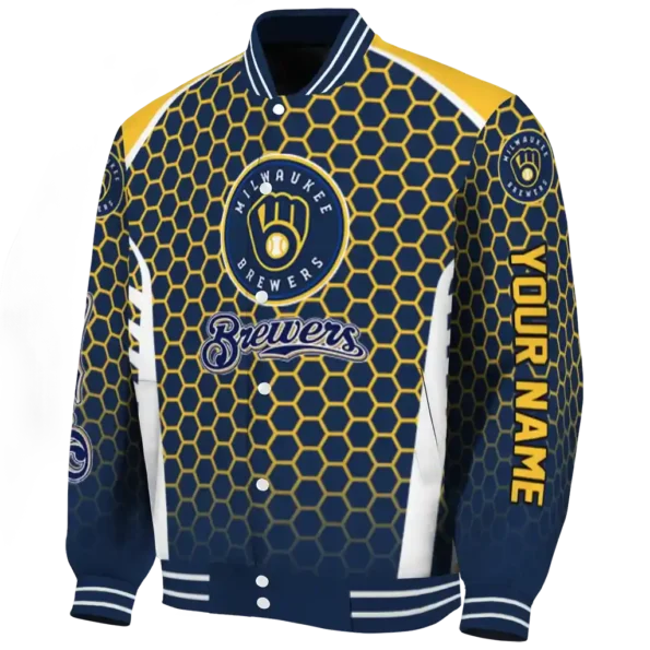 customized milwaukee brewers hexagon grid navy blue varsity jacket best selling