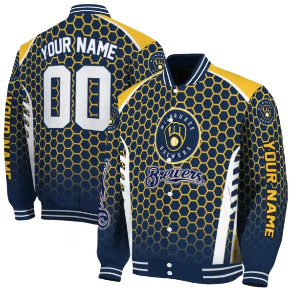 customized milwaukee brewers hexagon grid navy blue varsity jacket fashion forward