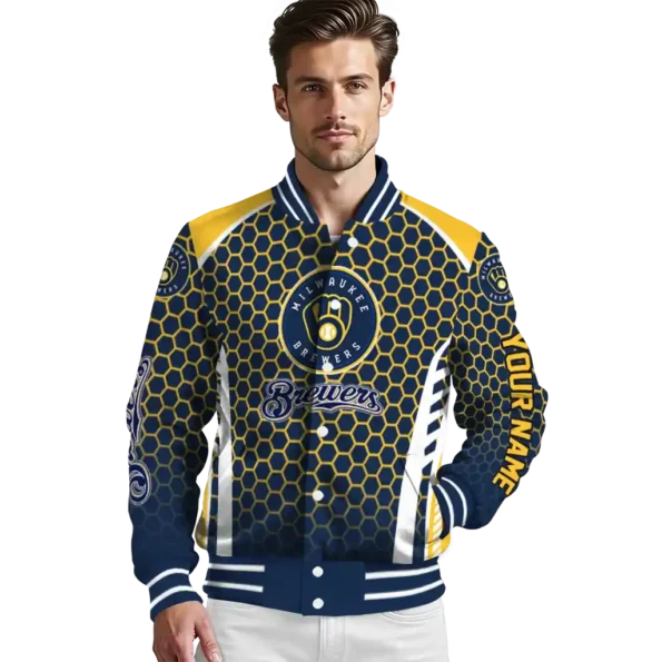 customized milwaukee brewers hexagon grid navy blue varsity jacket high quality