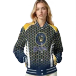 customized milwaukee brewers hexagon grid navy blue varsity jacket best selling