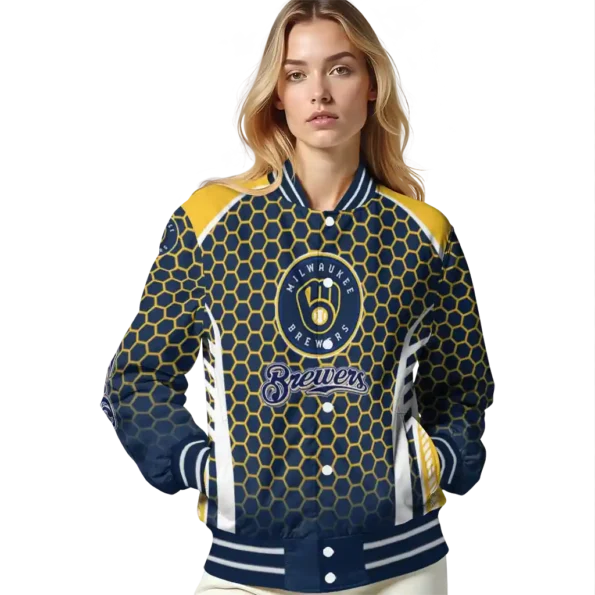customized milwaukee brewers hexagon grid navy blue varsity jacket latest model