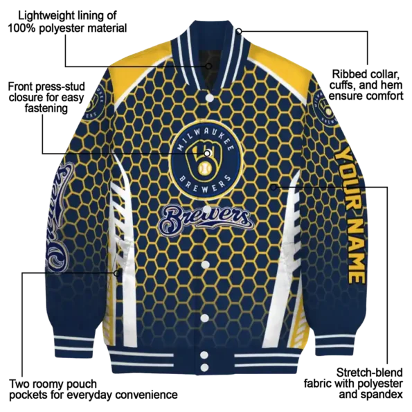 customized milwaukee brewers hexagon grid navy blue varsity jacket new arrival