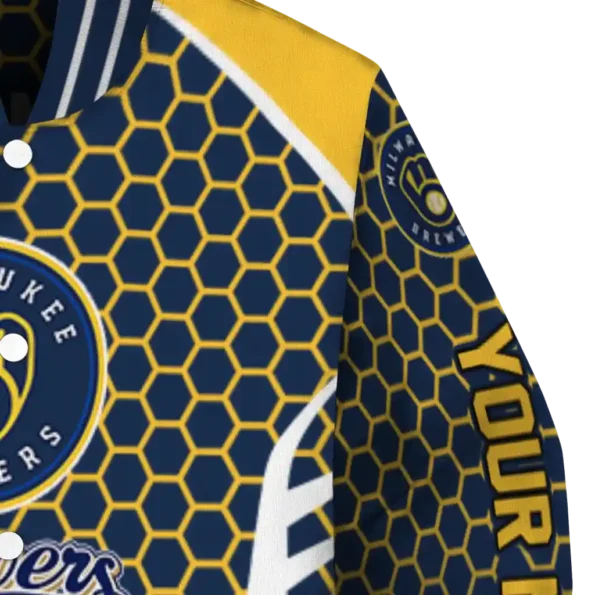 customized milwaukee brewers hexagon grid navy blue varsity jacket premium grade