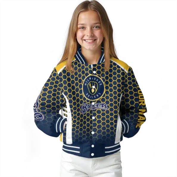customized milwaukee brewers hexagon grid navy blue varsity jacket top rated