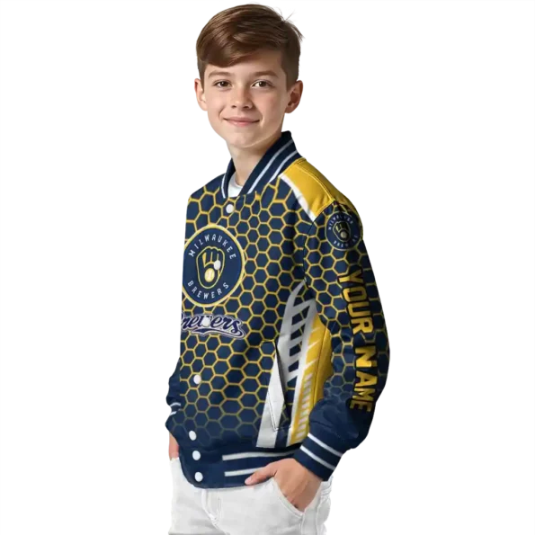 customized milwaukee brewers hexagon grid navy blue varsity jacket trendy