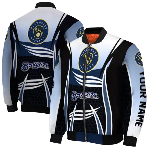 customized milwaukee brewers mesh effect navy blue black bomber jacket fashion forward