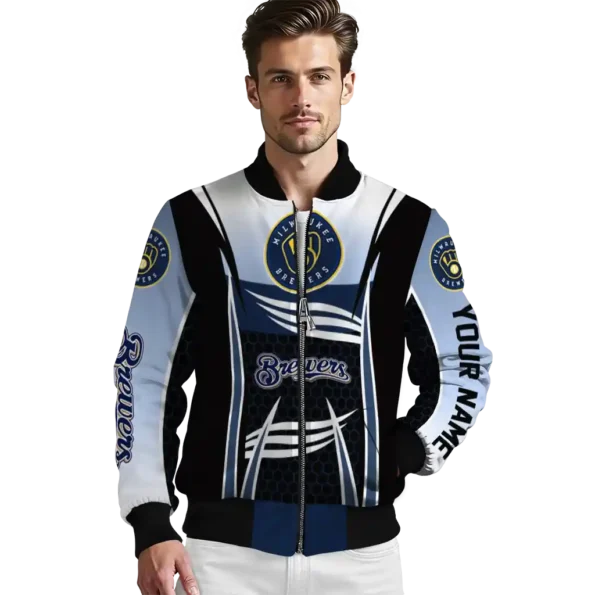customized milwaukee brewers mesh effect navy blue black bomber jacket high quality