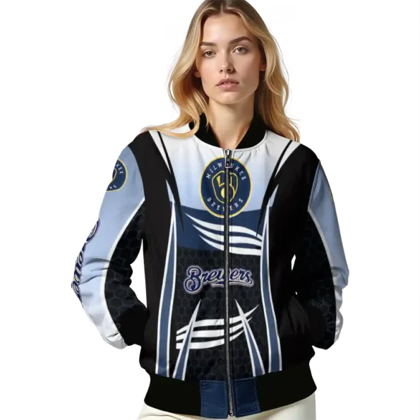 customized milwaukee brewers mesh effect navy blue black bomber jacket latest model
