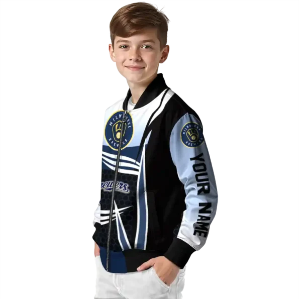 customized milwaukee brewers mesh effect navy blue black bomber jacket trendy