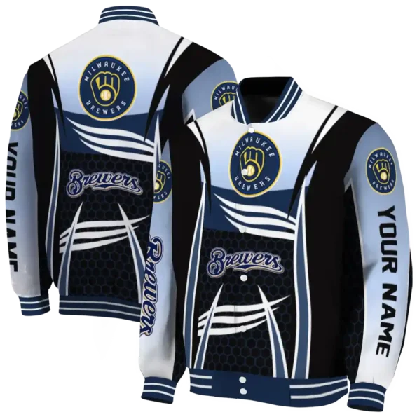customized milwaukee brewers mesh effect navy blue black varsity jacket fashion forward