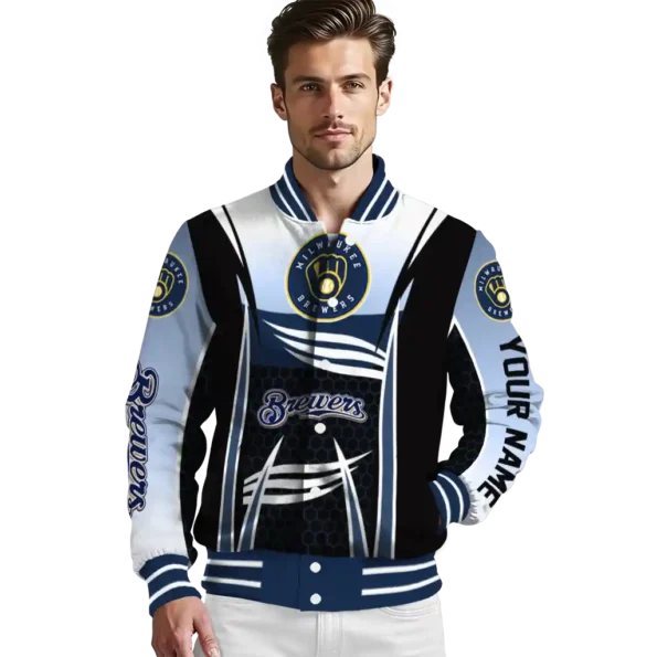 customized milwaukee brewers mesh effect navy blue black varsity jacket high quality