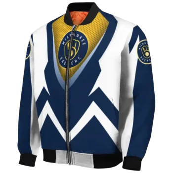 customized milwaukee brewers v stripes navy blue white bomber jacket best selling