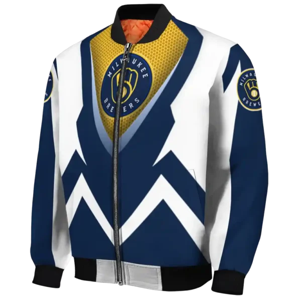 customized milwaukee brewers v stripes navy blue white bomber jacket best selling